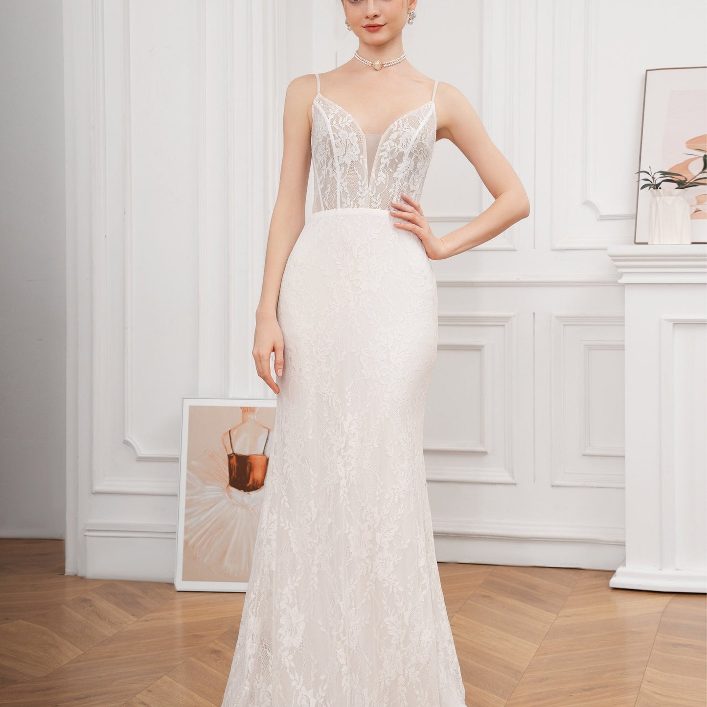 Floral Lace Cross Tie Back Cami Dress, Elegant Trumpet V-neck Bodycon Wedding Dress, Women's Clothing Wedding/Evening dress/Occasion/Engagement/Ceremony