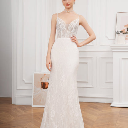Floral Lace Cross Tie Back Cami Dress, Elegant Trumpet V-neck Bodycon Wedding Dress, Women's Clothing Wedding/Evening dress/Occasion/Engagement/Ceremony