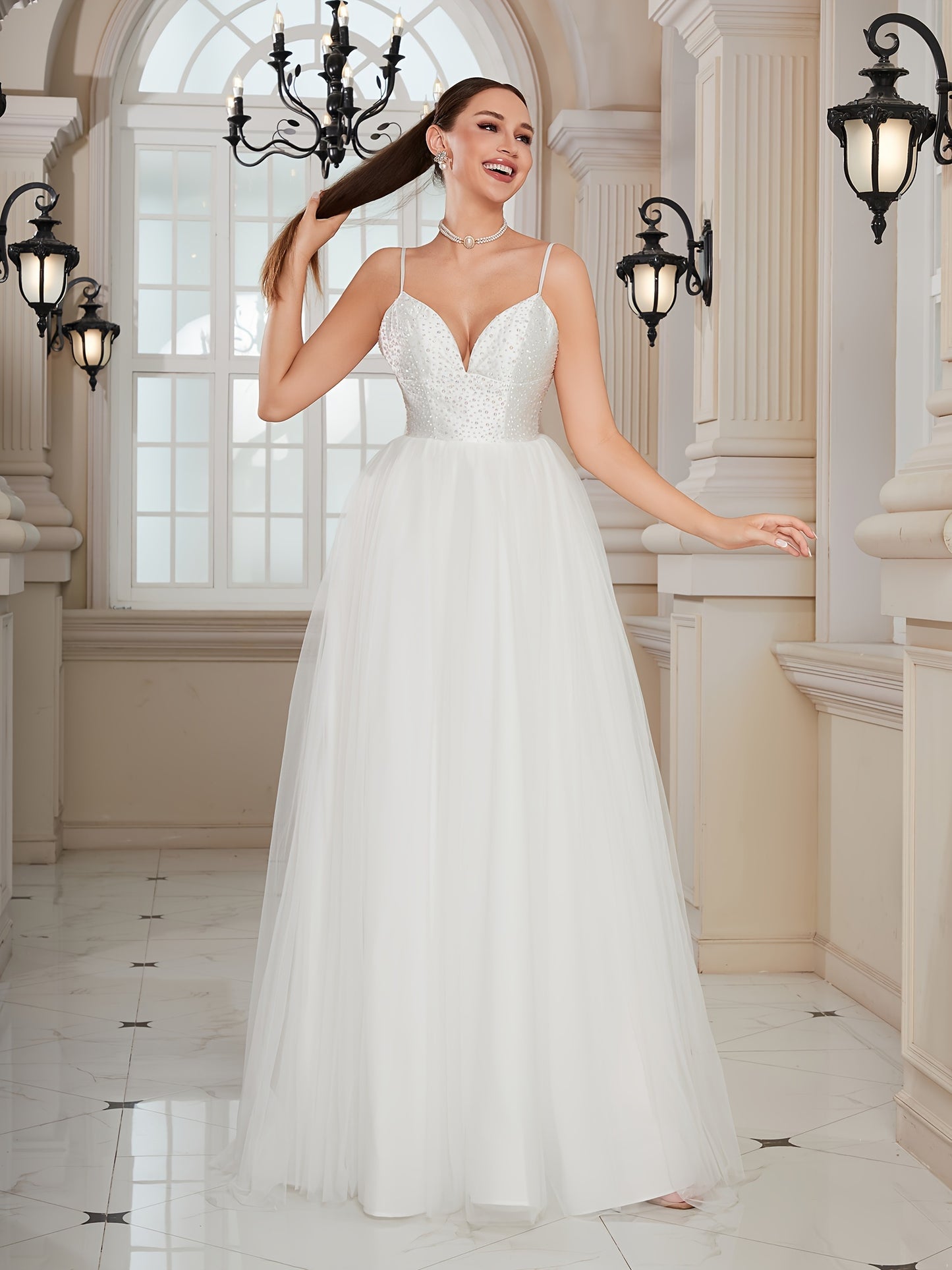 Rhinestone Low Cut Cami Dress, Elegant Spaghetti Strap Backless A-line High Waist Wedding Dress, Women's Clothing