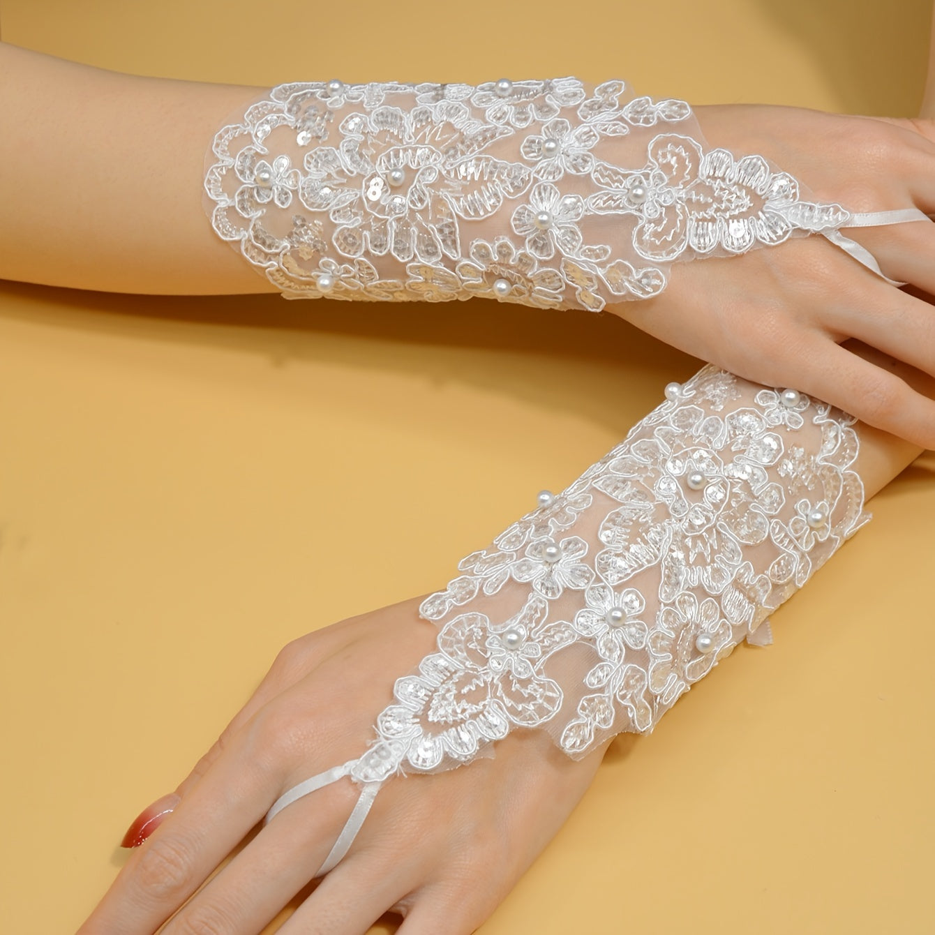 1 Pair Exquisite Fingerless Bridal Lace Gloves - Romantic Wedding Dress Accessories with Faux Pearl Embroidery, Beaded Details, and Exposed Fingertips for Elegant Brides