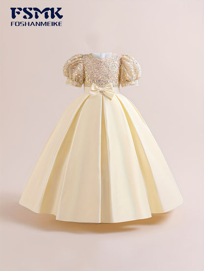 New Youngsters's Dress Long Princess Dress Satin Wedding Dress Flower Youngsters Dress Elegant Evening Dress for Girls Bubble Sleeve Sequins Sparkling Puffy Skirt
