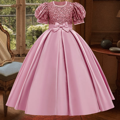 New Youngsters's Dress Long Princess Dress Satin Wedding Dress Flower Youngsters Dress Elegant Evening Dress for Girls Bubble Sleeve Sequins Sparkling Puffy Skirt