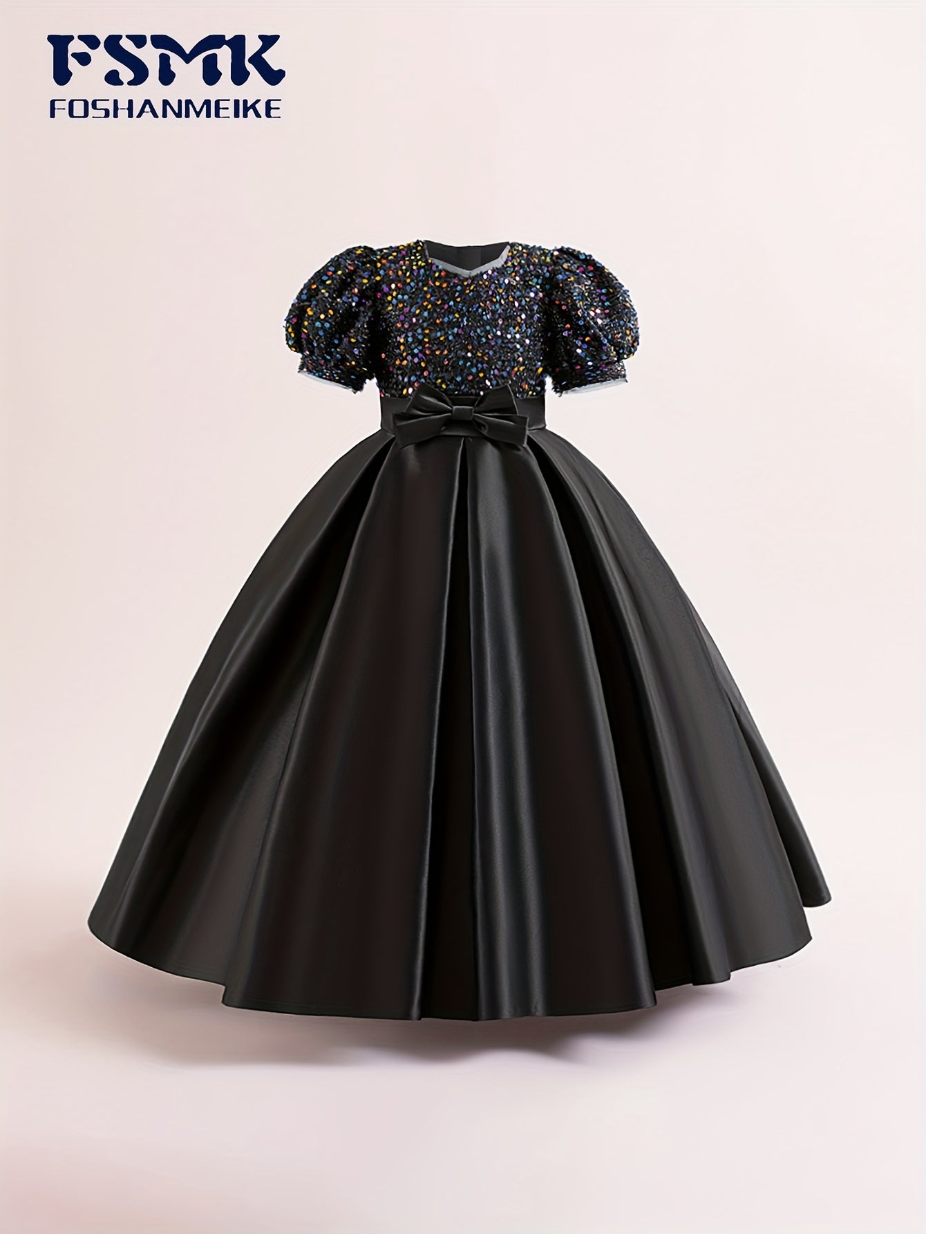 New Youngsters's Dress Long Princess Dress Satin Wedding Dress Flower Youngsters Dress Elegant Evening Dress for Girls Bubble Sleeve Sequins Sparkling Puffy Skirt