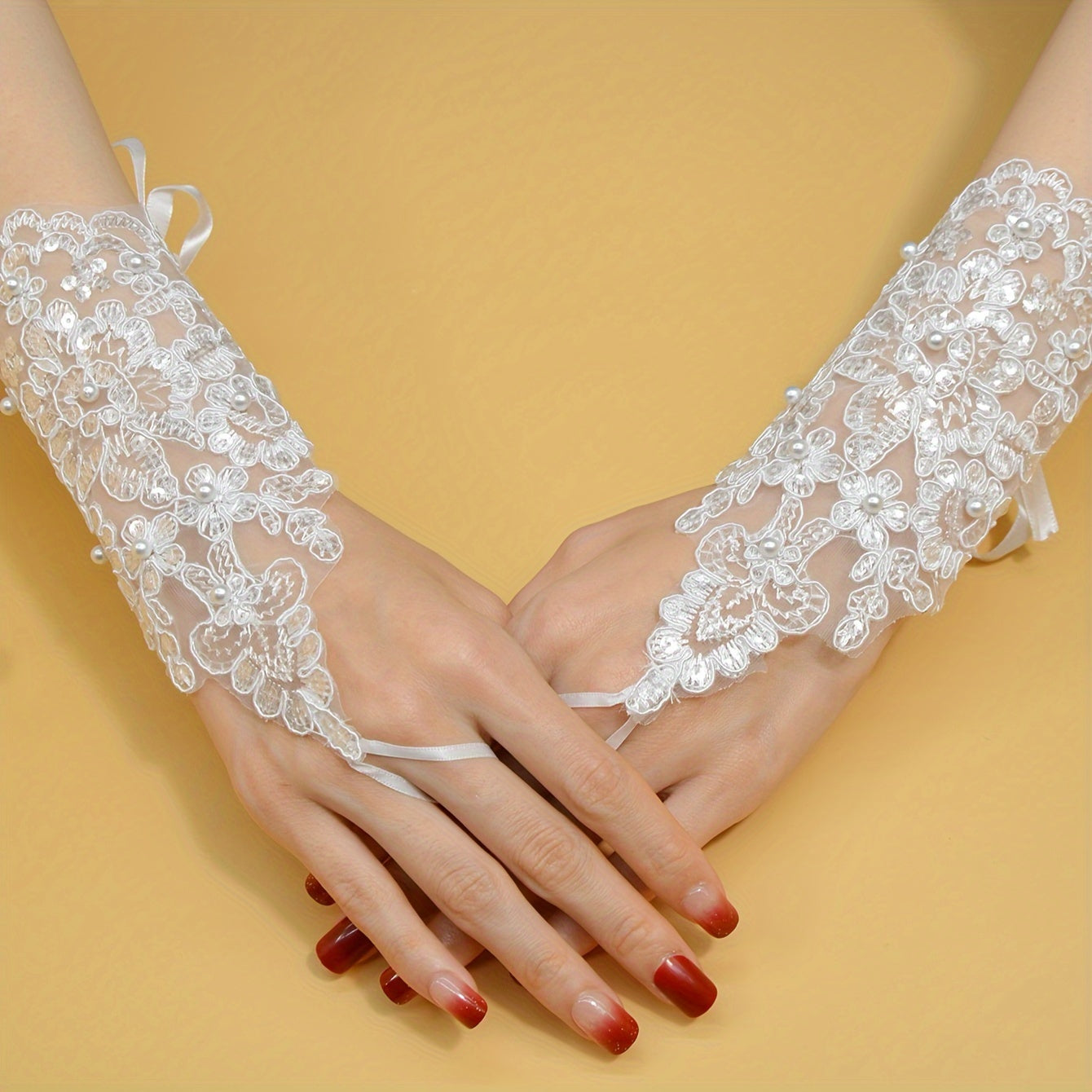 1 Pair Exquisite Fingerless Bridal Lace Gloves - Romantic Wedding Dress Accessories with Faux Pearl Embroidery, Beaded Details, and Exposed Fingertips for Elegant Brides