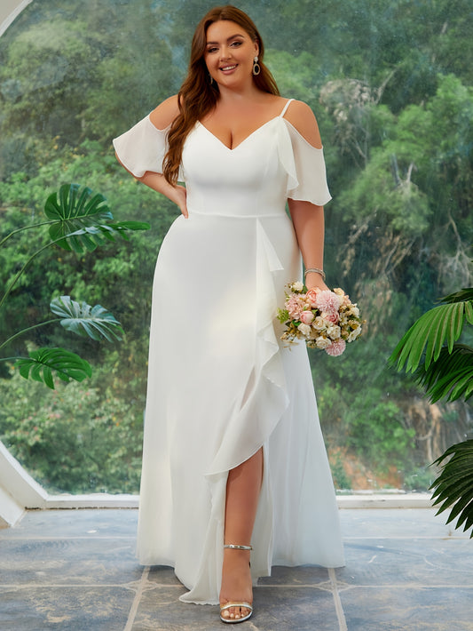 Plus Size Long Formal Wedding Dress - Exquisite Polyester Fabric, Elegant V-Neck, Long Sleeves, Floor-Length Design - Perfect for Wedding, Reception, and Evening Party Celebrations