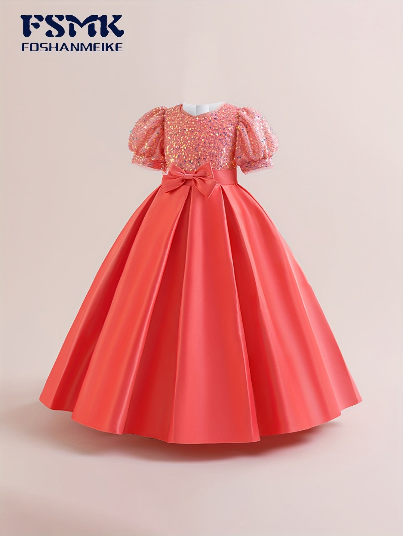New Youngsters's Dress Long Princess Dress Satin Wedding Dress Flower Youngsters Dress Elegant Evening Dress for Girls Bubble Sleeve Sequins Sparkling Puffy Skirt
