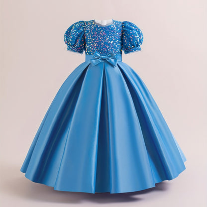 New Youngsters's Dress Long Princess Dress Satin Wedding Dress Flower Youngsters Dress Elegant Evening Dress for Girls Bubble Sleeve Sequins Sparkling Puffy Skirt