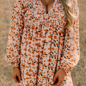 Beige Plus Size Floral Print V Neck Long Sleeve Babydoll Short Dress