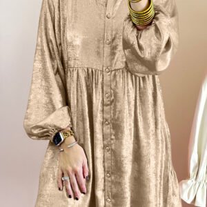 Apricot Metallic Sheen Puff Sleeve Button Up Mini Shirt Dress