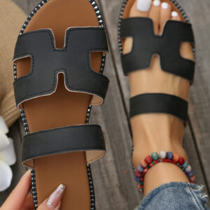 Black Cut Out H Shape Band PU Leather Slippers