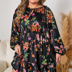 Black Plus Size Floral Print Tie Neck Cinched Waist Long Sleeve Mini Dress