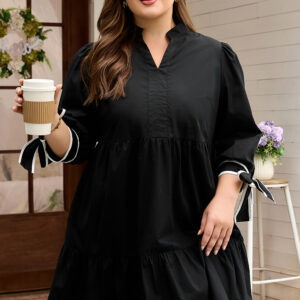 Black Contrast Trim Knot Cuffs Plus Size V Neck Mini Dress