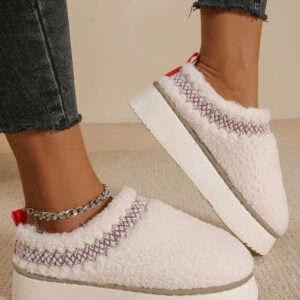 White Embroidered Sherpa Plush Thick Sole Winter Slippers