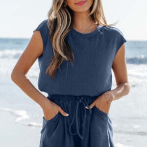 Ashleigh Blue Knit Open Back Cap Sleeve Drawstring Elastic Waistband Romper