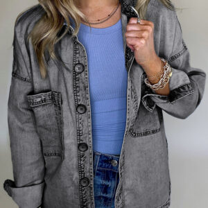 Medium Grey Mineral Wash Patched Pocket Split Denim Jacket