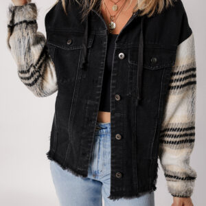 Black Plaid Sleeve Frayed Hem Hooded Denim Jacket