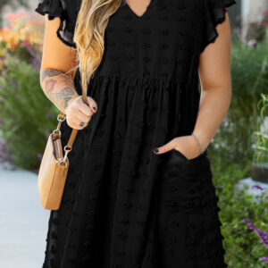 Black Dotty Textured Notched Neck Plus Ruffled Dress