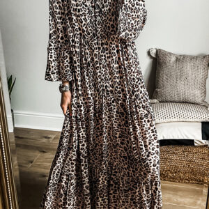 Apricot Leopard Print Tiered Wide Sleeve Maxi Dress