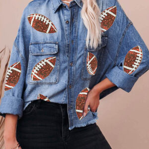 Sky Blue Sequin Rugby Football Graphic Flap Pockets Raw Hem Game Day Denim Jacket
