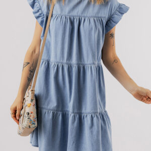 Beau Blue Ruffle Short Sleeve Tiered A-line Denim Dress