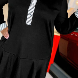 Black Plus Size Striped Cuffs Polo Collar Patchwork Long Sleeve Ruffle Hem Dress