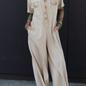 Beige Half Placket Chest Pockets Short Sleeve Wide Leg Jumpsuit