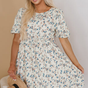 Beige Floral Puff Short Sleeve Empire Waist Mini Dress