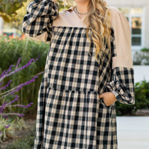 Black Plaid Waffle Knit Patchwork Collared V Neck Plus Size Mini Dress